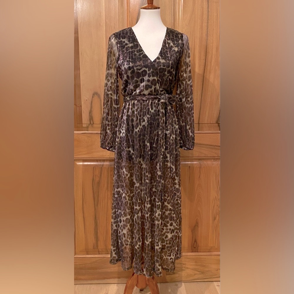 Bardot - Leopard Print Sheer Metallic Dress, Copper/Violet/Gold Thread, EUC 4
